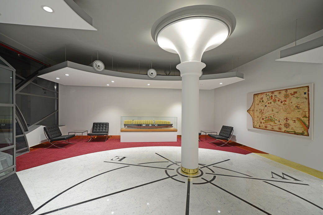 Interior of the new building with compass floor design Photo: Yerbury Press
