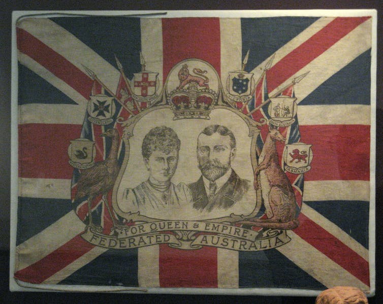 A decorative flag used in Sydney, 1901, as part of Australian Federation celebrations. Australian nationhood and national identity were formed around Federation. Wikimedia Commons