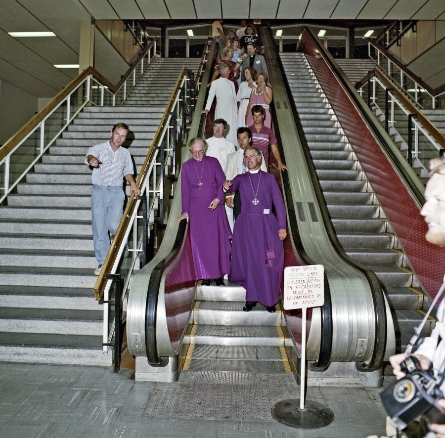 1988 Archbishop of Canterbury visits Passenger Terminal to test escalators