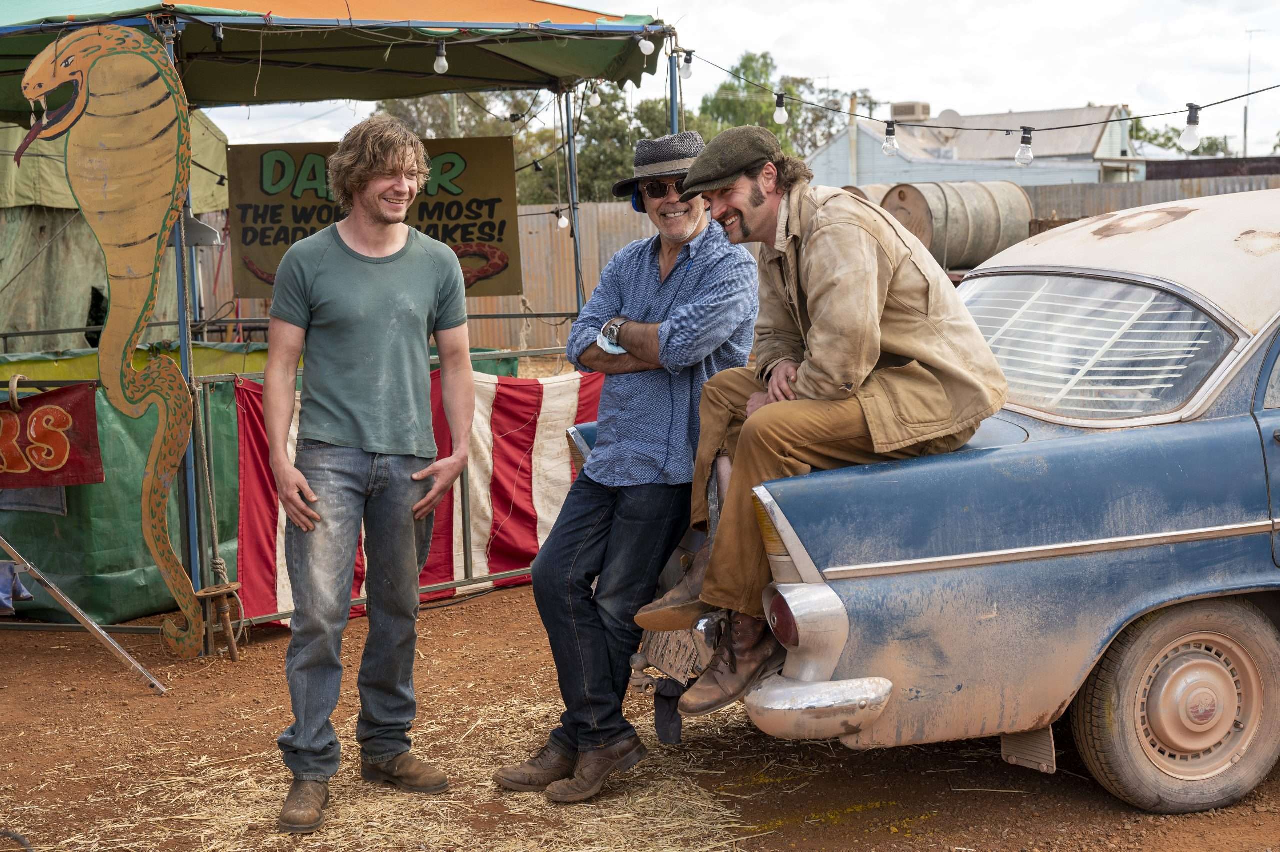 Billy Howle as KID SNOW, Director/Writer Paul Goldman & Tom Bateman as RORY. Kid Snow - Photograph by David Dare Parker