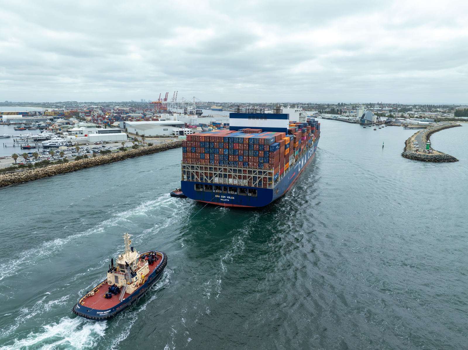 CMA CGM Volga arrives at Fremantle, 9 November 2024. Credit Les Moyle, Balm Commercial Photography