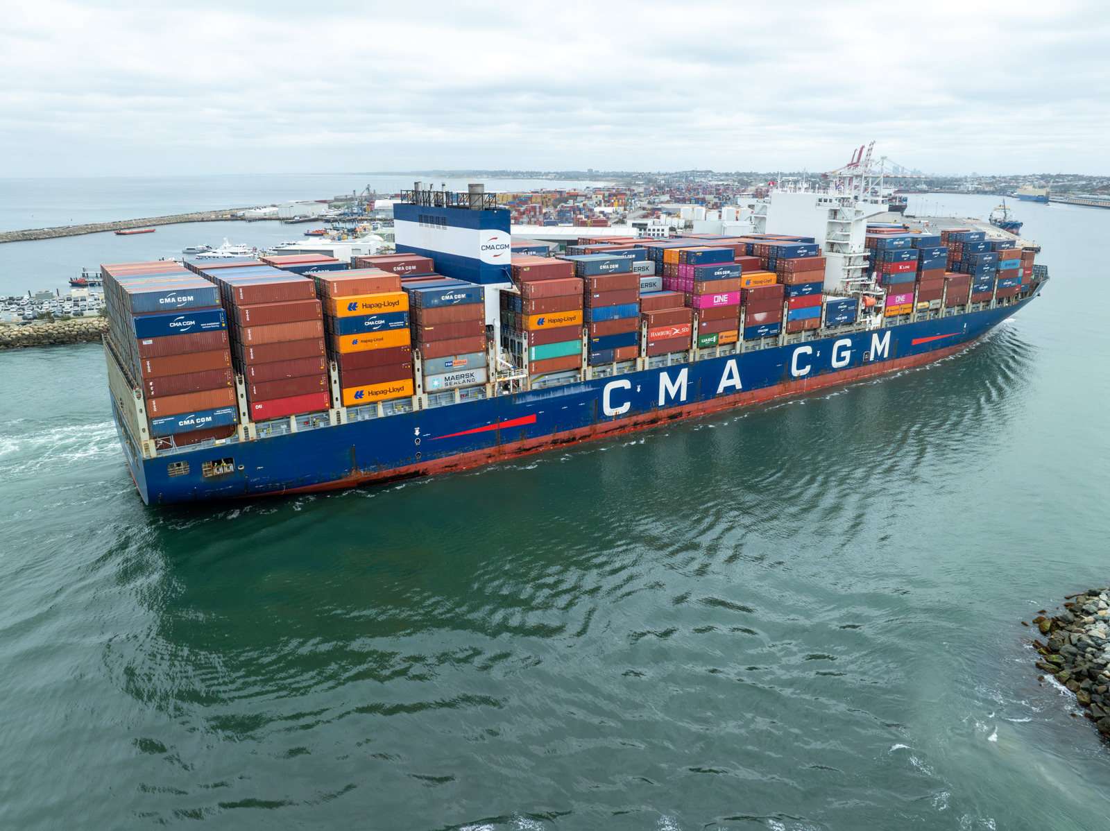 CMA CGM Volga arrives at Fremantle, 9 November 2024. Credit Les Moyle, Balm Commercial Photography